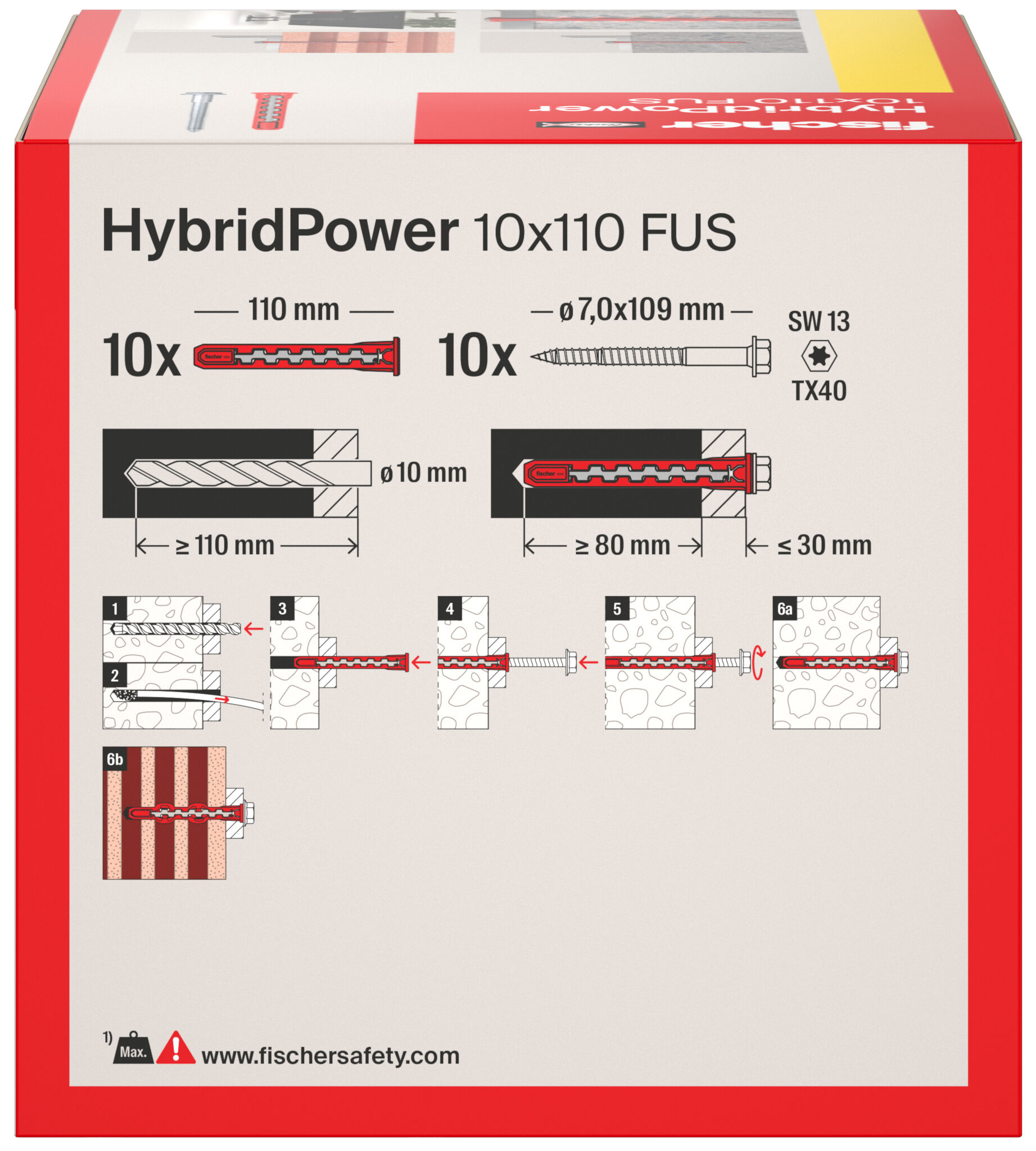 fischer HybridPower 10 x 110 FUS (10), hexagonal screw with